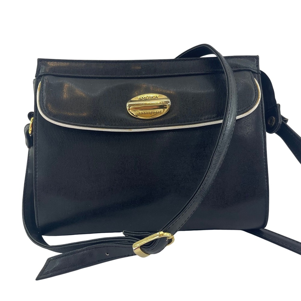 Vintage Perry Ellis America Leather Crossbody Bag Black 90s Minimalist Kennedy